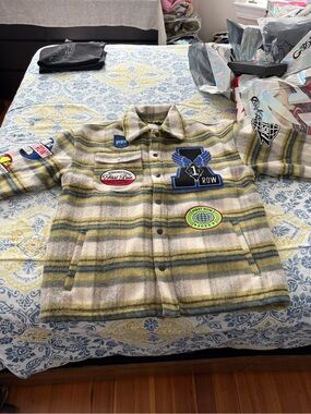 First Row Mens Striped Button-Up Jacket with Patch Details in Olive & Cream
